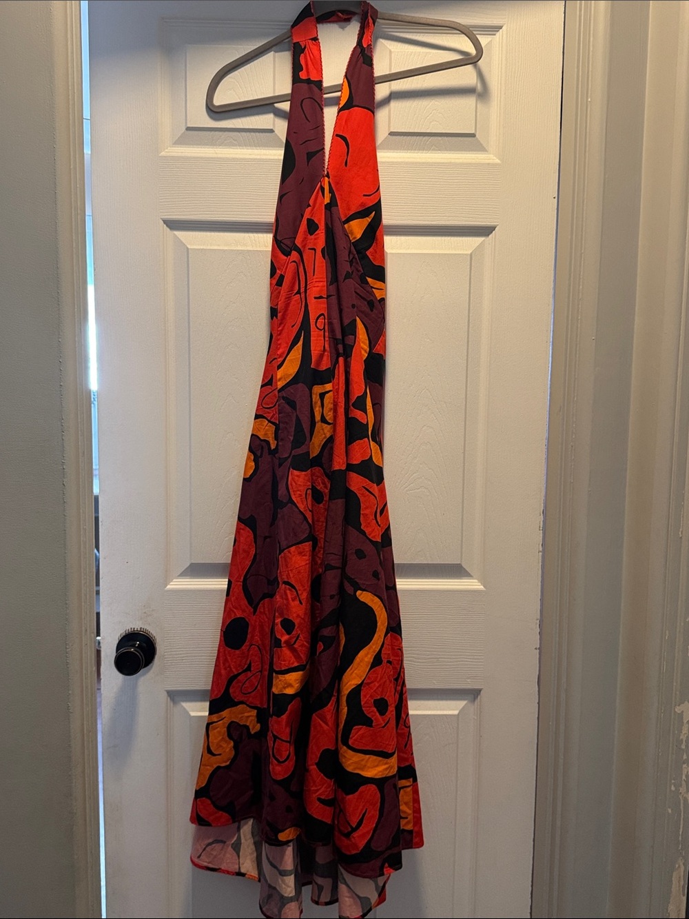 De Loreta Halter Maxi Dress in Red and Purple - Abstract